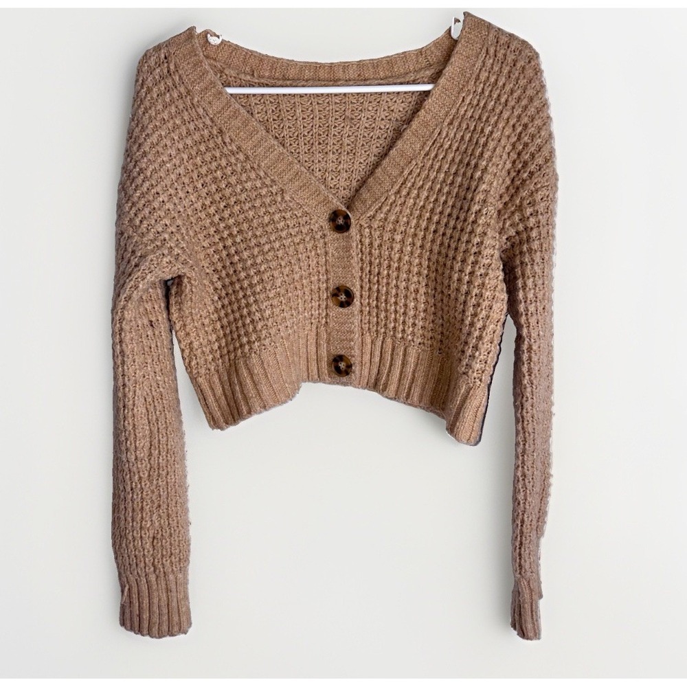 Women's Cozy Waffle Knit Cottagecore Chunky Cropped Granny Cardigan Sweater M